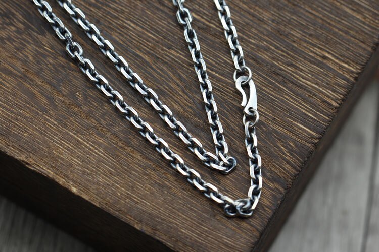 Solid 925 Sterling Zilver Thai Mannen Vrouwen Cuboid Link Mannen Geoxideerd Collier A3167