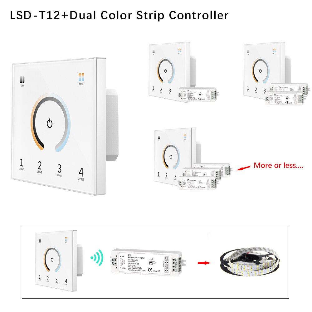 Ww cw led controller  rf 2.4g /  wifi afstandsbediening kleurtemperatuur instelbaar & helderheidsdimmer  dc12-24v voor ledstrip