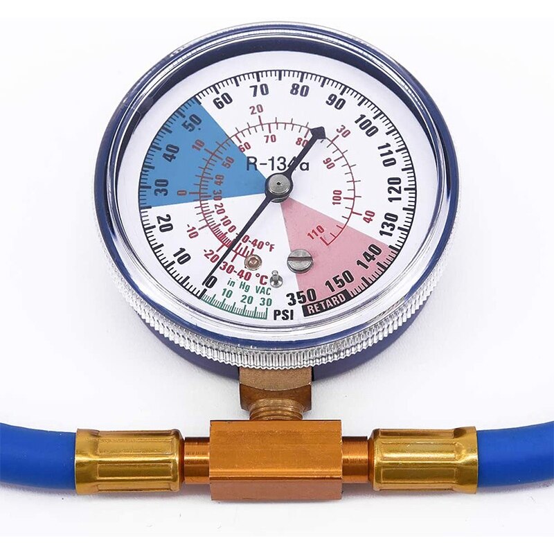 R134A AC Refrigerant Recharge Hose Kit with Measuring Pressure Gauge and 1/2 Inch Can Opener Tap Dispensing Valve Fit