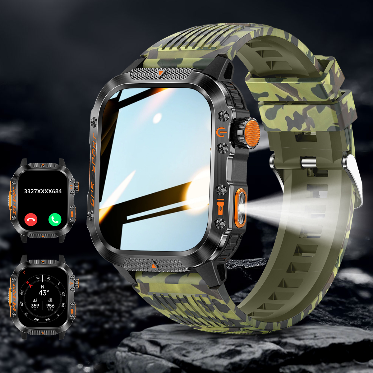 Nuovo accorto guarda costruito-in GPS a doppia frequenza Chiamata senza fili 3ATM Torcia portato impermeabile Bussola sport tutto'aria aperta da uomo Smartwatch: Blu