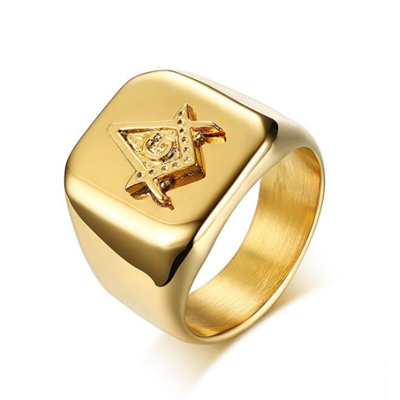 Male Gold Color Masonic Rings Stainless Steel Jewelry for Men Highly Polished Titanium Punk Rings for Brother