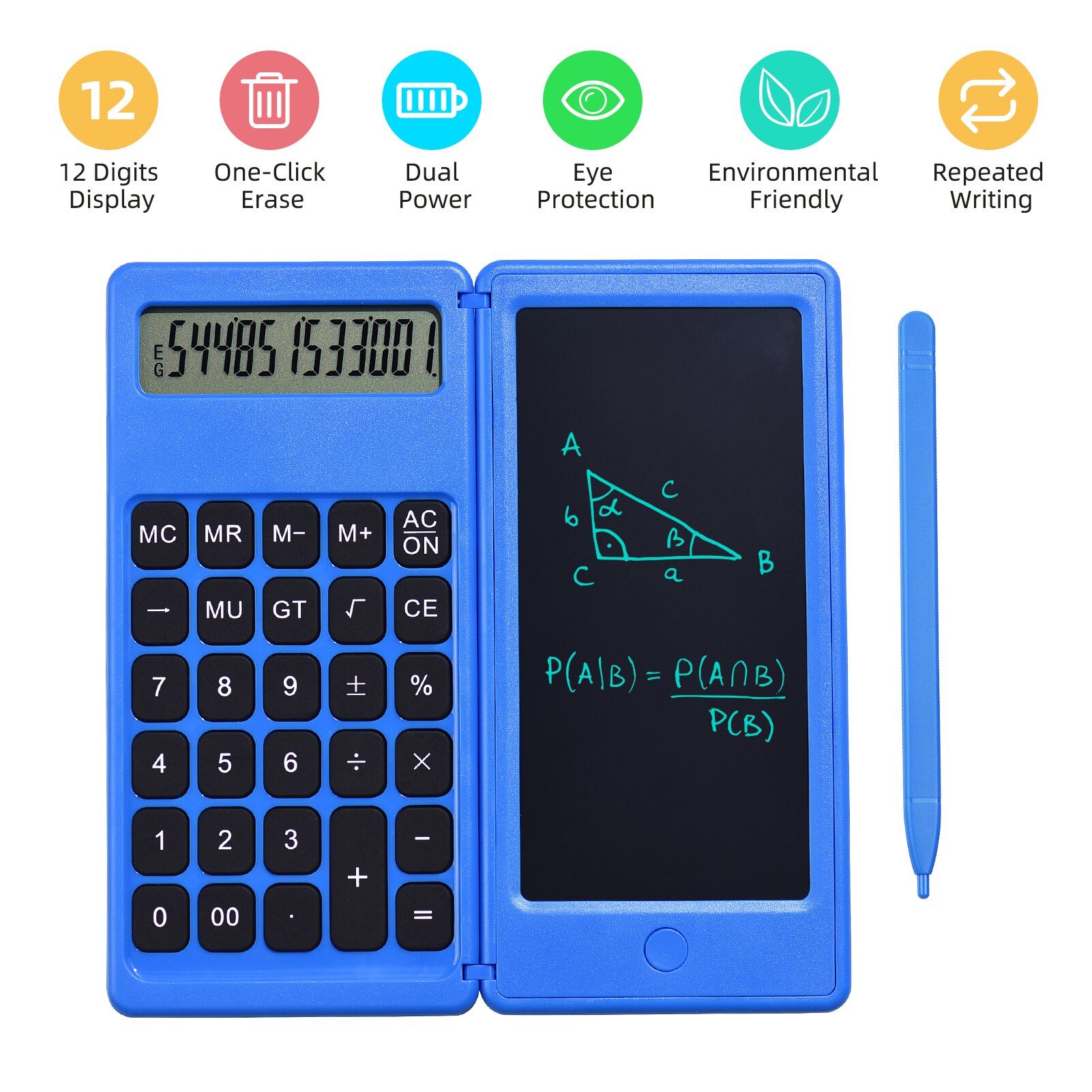 Foldable Calculator &amp; 6 Inch LCD Writing Tablet Digital Drawing Pad 12 Digits Display with Stylus Pen Erase Button Lock Function