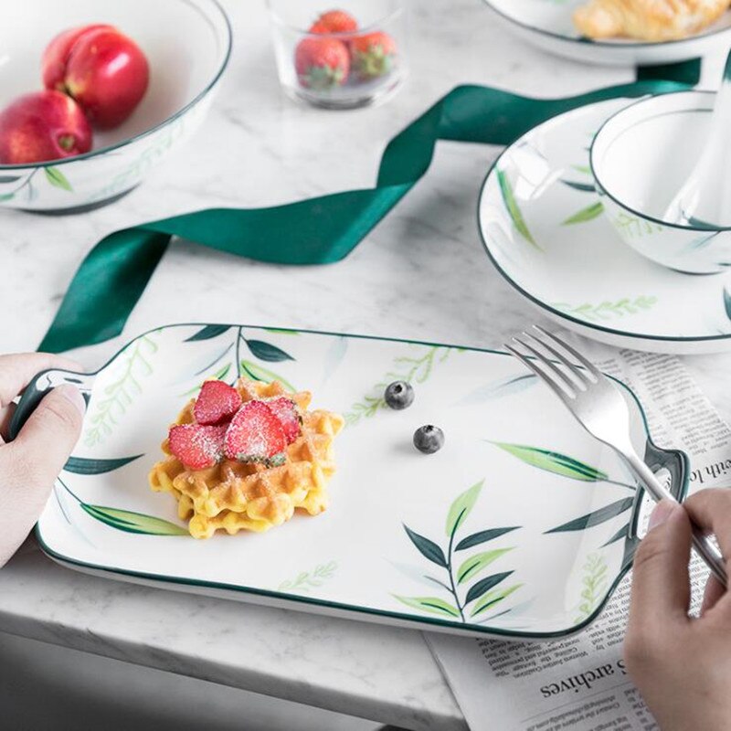 Hand-painted Underglaze Color Green Ceramic Plants Plate Set Ceramic Tableware Food Dishes Rice Salad Noodles Soup Bowl