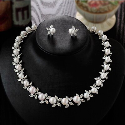 Conjunto de joyas de Color plateado con perlas de cristal y flores para mujer: Default Title