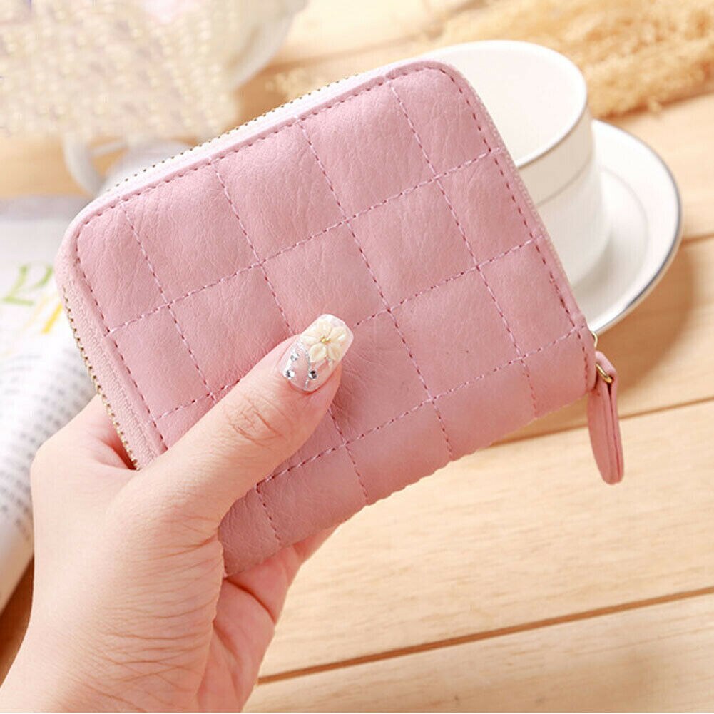 Vrouwen Dames Solid Folding Wallet Leather Zip Plaid Portemonnee Clutch Kleine Mini Kaarthouder Vrouwelijke Tas: Roze