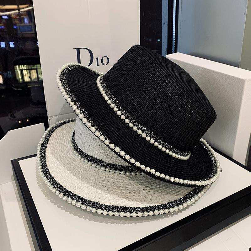 Sombrero panamá de paja con cadena de perlas de verano para mujer, gorra plana Anti-UV de ala ancha para el sol, accesorio de playa para niña Chapeu Girl Topee