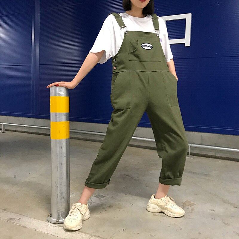 Japanese women's overalls street cartoon style wild jumpsuit loose and thin nine points college style girlfriends overalls: Army Green