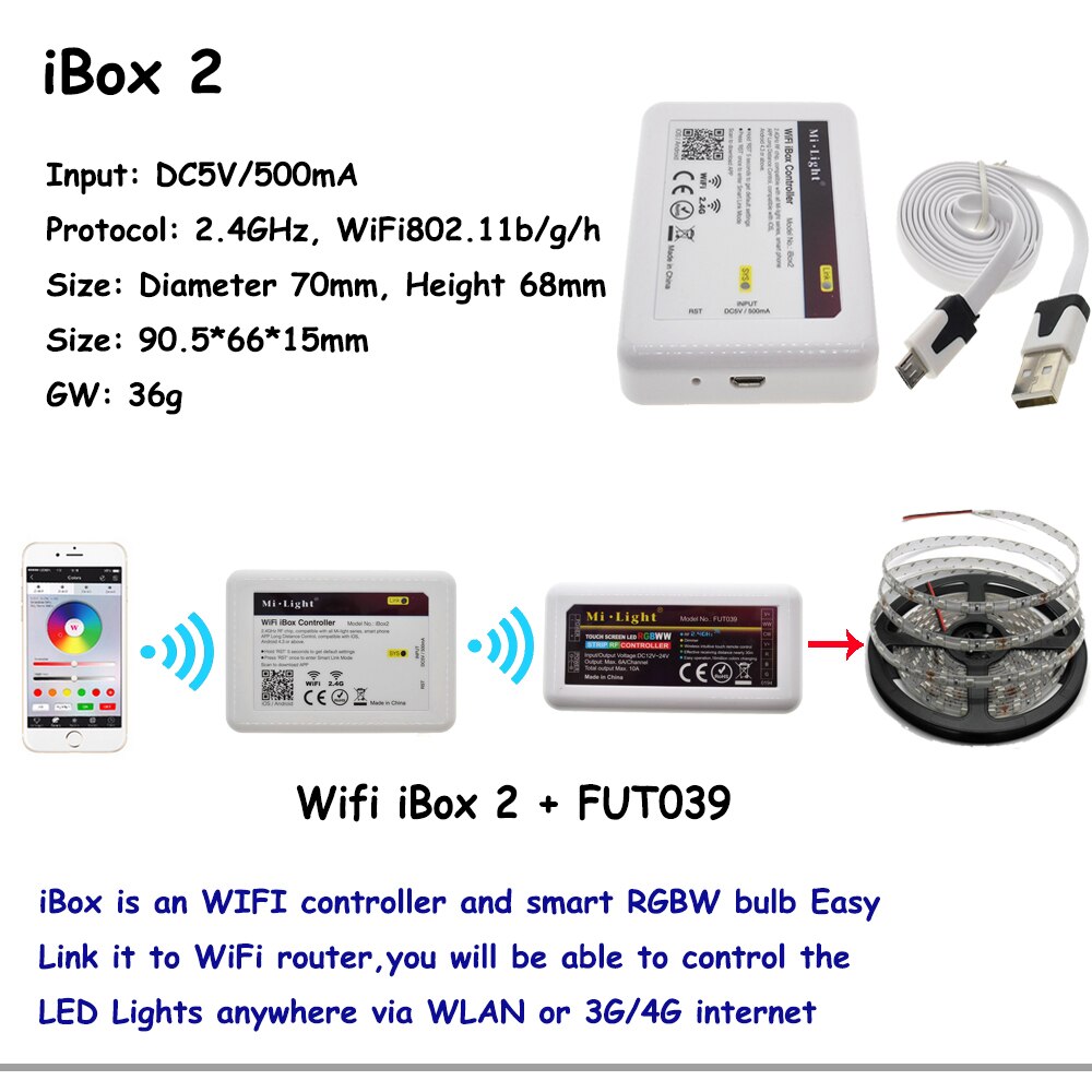 Mi Light Full Color LED Controller RF 2.4G / Wifi Remote Control DC12-24V for RGB+CW+WW LED Strip
