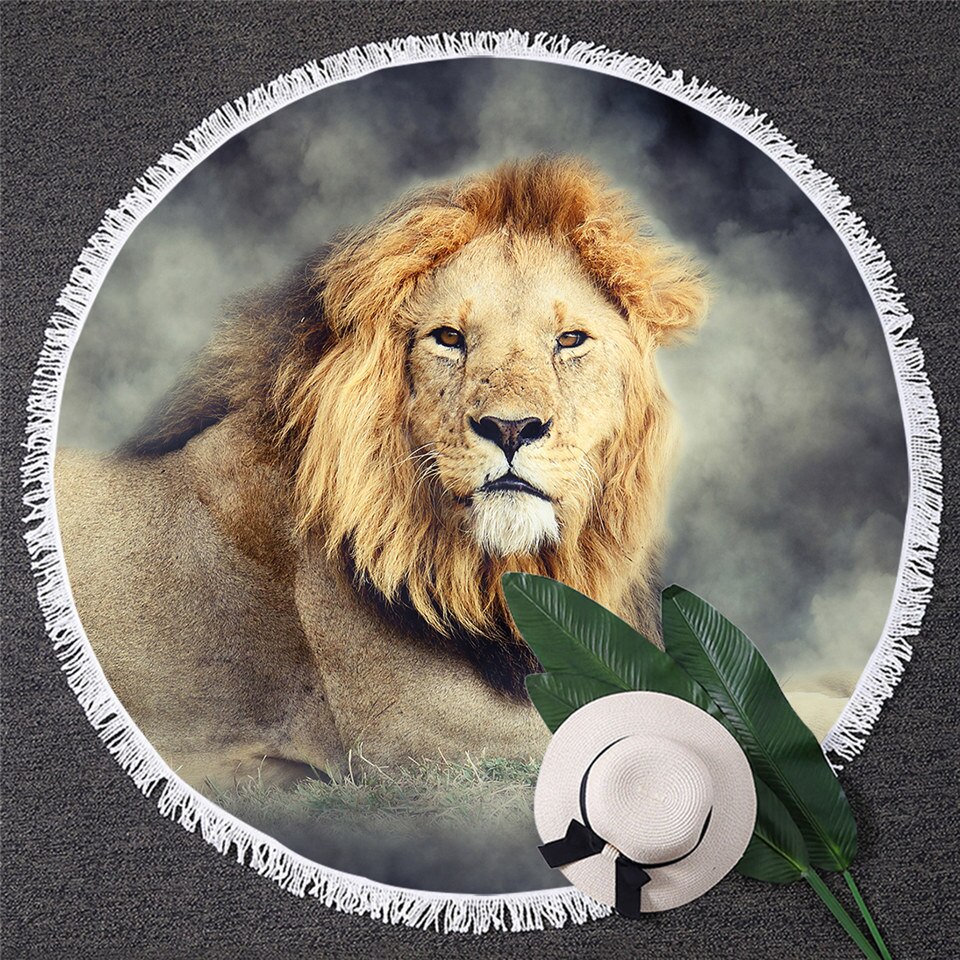 Blessliving mannelijke leeuw strandlaken ronde artistieke microvezel handdoek wilde dieren badhanddoek yin en yang strandmat playa toalla: 3