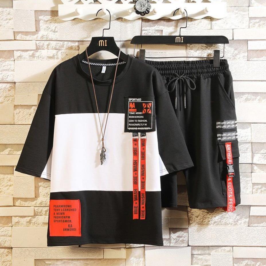 Conjunto masculino hip-hop, roupas de hip hop da moda, roupa de verão, camiseta e calça, duas peças conjunto casual: 283 Black / M FOR 165 CM 50KG