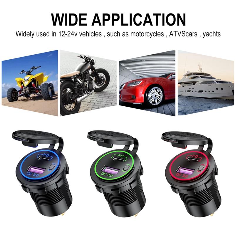 Wasserdicht 12V 24V QC 3,0 Typ C Dual USB PD Schnelle Auto Ladegerät mit Energie Schalter für Lkw motorrad Marine Stiefel SUV ATV Cellphon