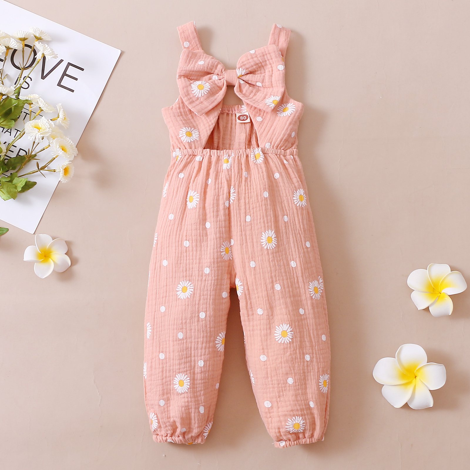 Peuter Baby Meisje Mouwloze Romper Daisy Print Hollow Out Bow-Knoop Decor Lange Bodysuit Casual Zomer Jumpsuit Playsuit