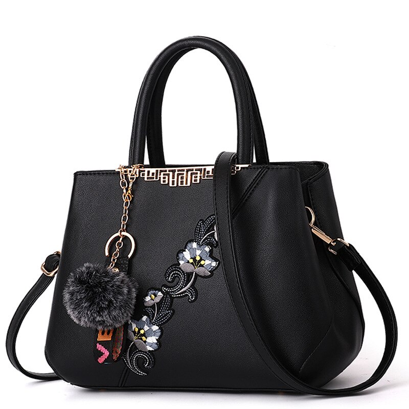 Embroidered Messenger Bags Women Leather Handbags Bags for Women Ladies Hand Bag Female bag: black 2