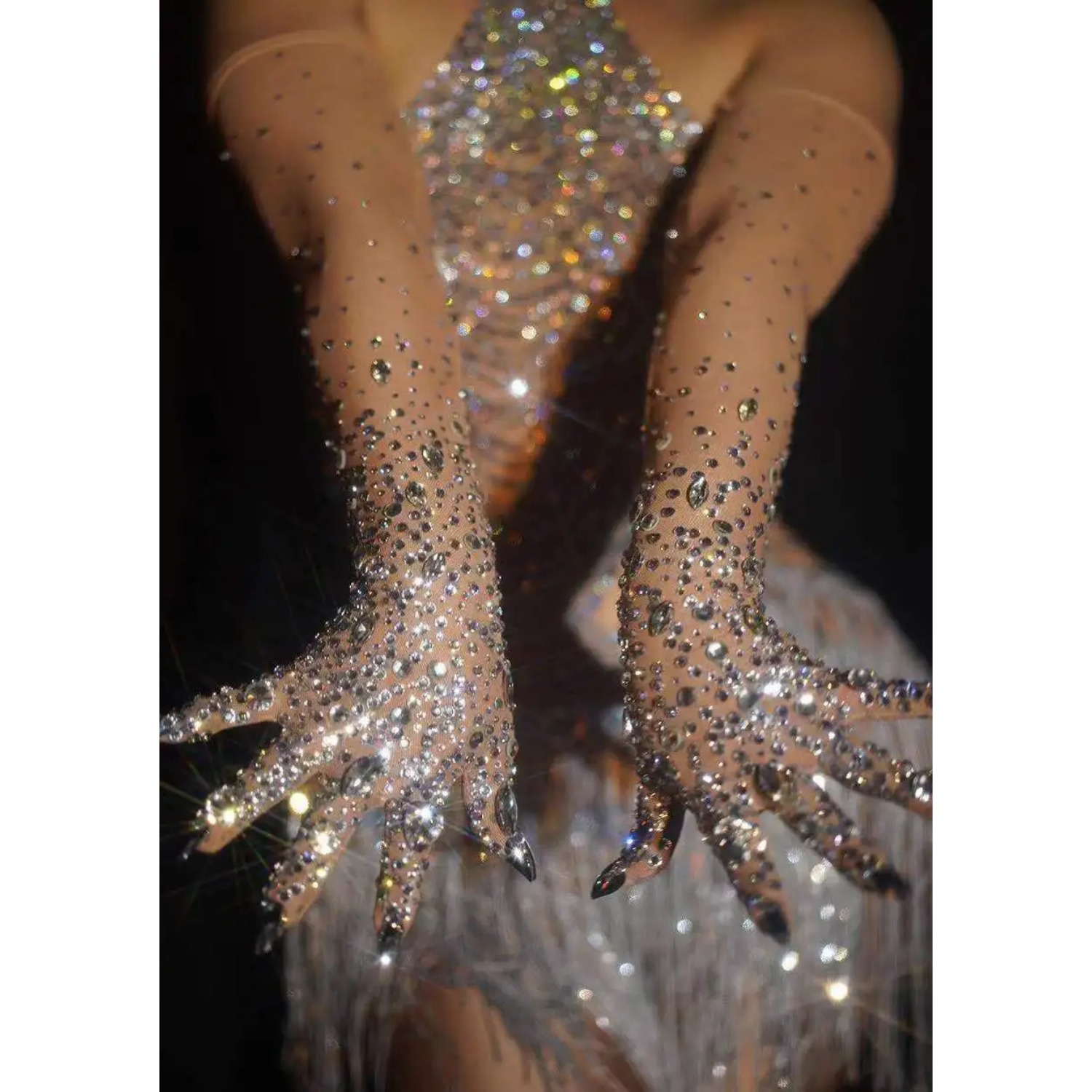 Women Sparkly Luxurious Stretch Rhinestones Long Gloves Crystal Mesh Gloves Dancer Singer Party Nightclub Stage Show Accessories