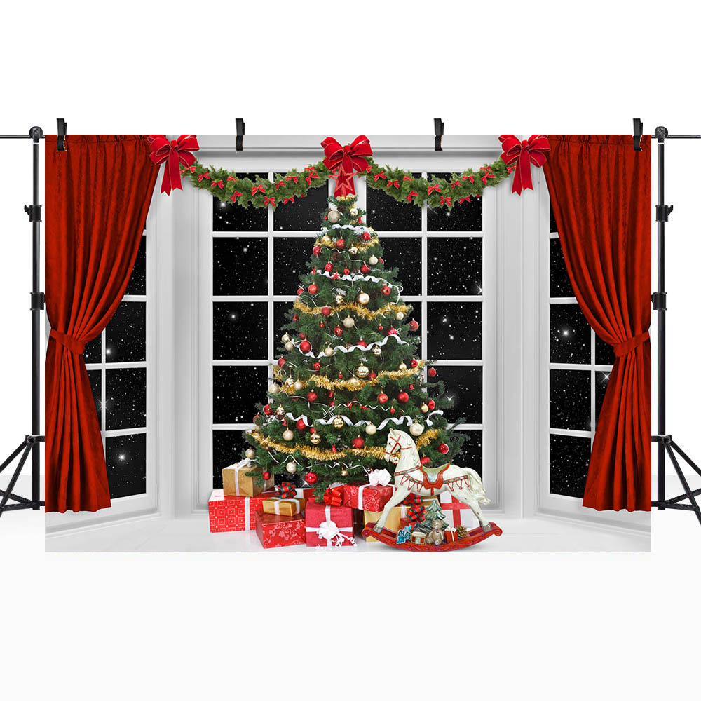 Mocsicka Christmas Backdrop Red Curtains Window Christmas Tree Background for Photo Studio Portrait Photography Photoshoot Props
