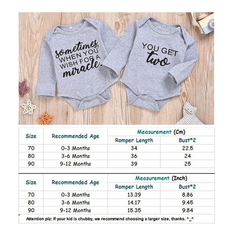 Baby Twins Clothes 2 Pieces Newborn Clothes Baby Boys Bodysuit Gray Letter Long Sleeve Jumpsuits Toddler Baby Girls Bodysuit Set