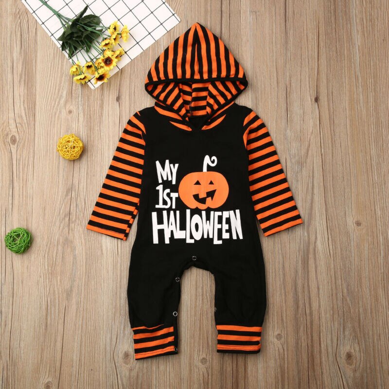 2019 Del bambino di Autunno della Molla Dei Vestiti Del bambino Del bambino Della Ragazza del Ragazzo di Halloween con Cappuccio Pagliaccetto Manica Lunga Tuta Lettera A Strisce Vestiti di toppa