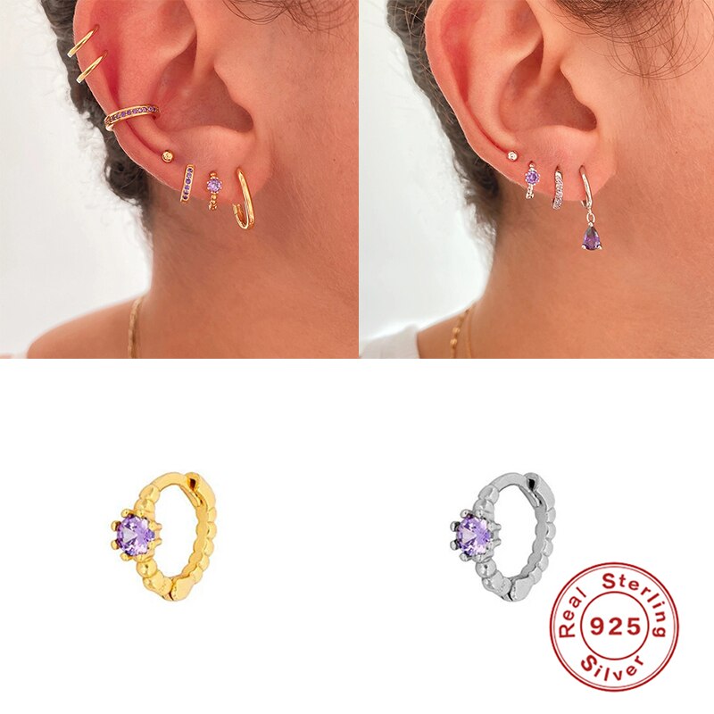 ROXI Bohemia Small Purple Zircon Stone Round Beads Hoop Earrings for Women Wedding Jewelry Earrings 925 Sterling Silver Brincos