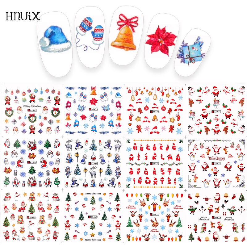 Hnuix 12 Pcs Kerst Nail Stickers Water Decals Sneeuwpop Kerstman Nail Art Jaar Slider Manicure Rondes Complete Tool