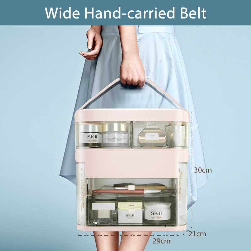 Organizador de maquillaje con espejo de tocador, espejo de maquillaje con luz LED ajustable, joyería, lápiz labial, contenedor cosmético, resistente al agua