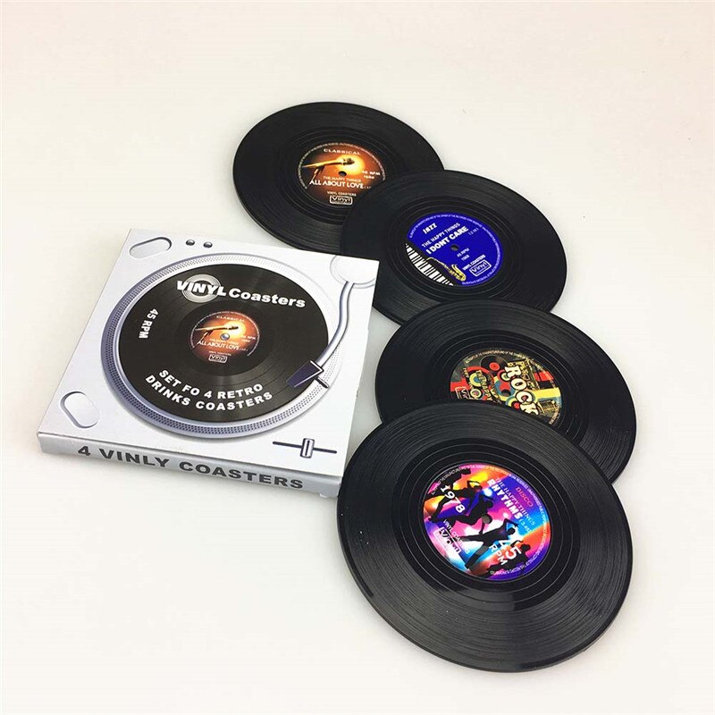 4pcs Spinning Retro Vinyl Record Drinks Coasters Cup Mat Decor Coffee Placemat