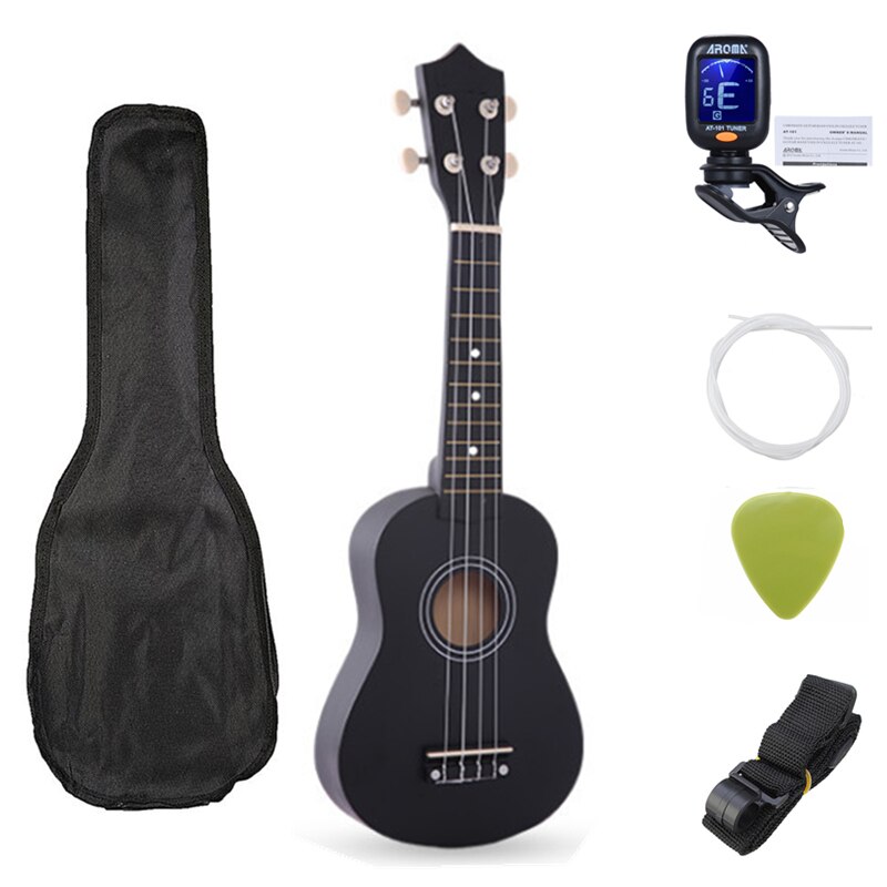 Sevenangel Ukulele 21 Inch Kinderen Ukelele Sopraan 4 Strings Hawaiian Sparren Basswood Gitaar Uke Kids Muziek Instrument: Black set