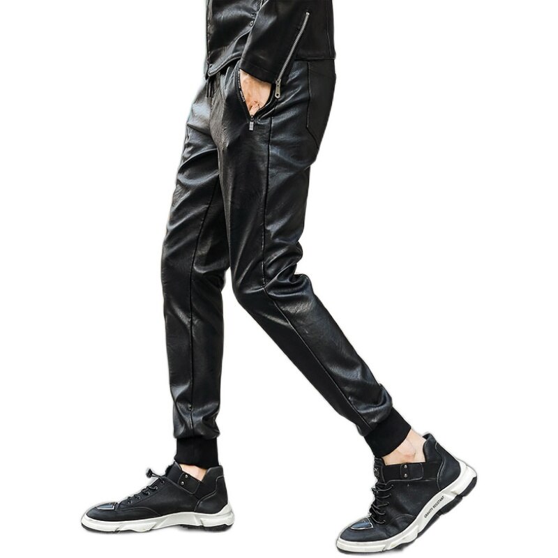 men streetwear leather pants casual slim fit washing locomotive pants mens feet Joggers