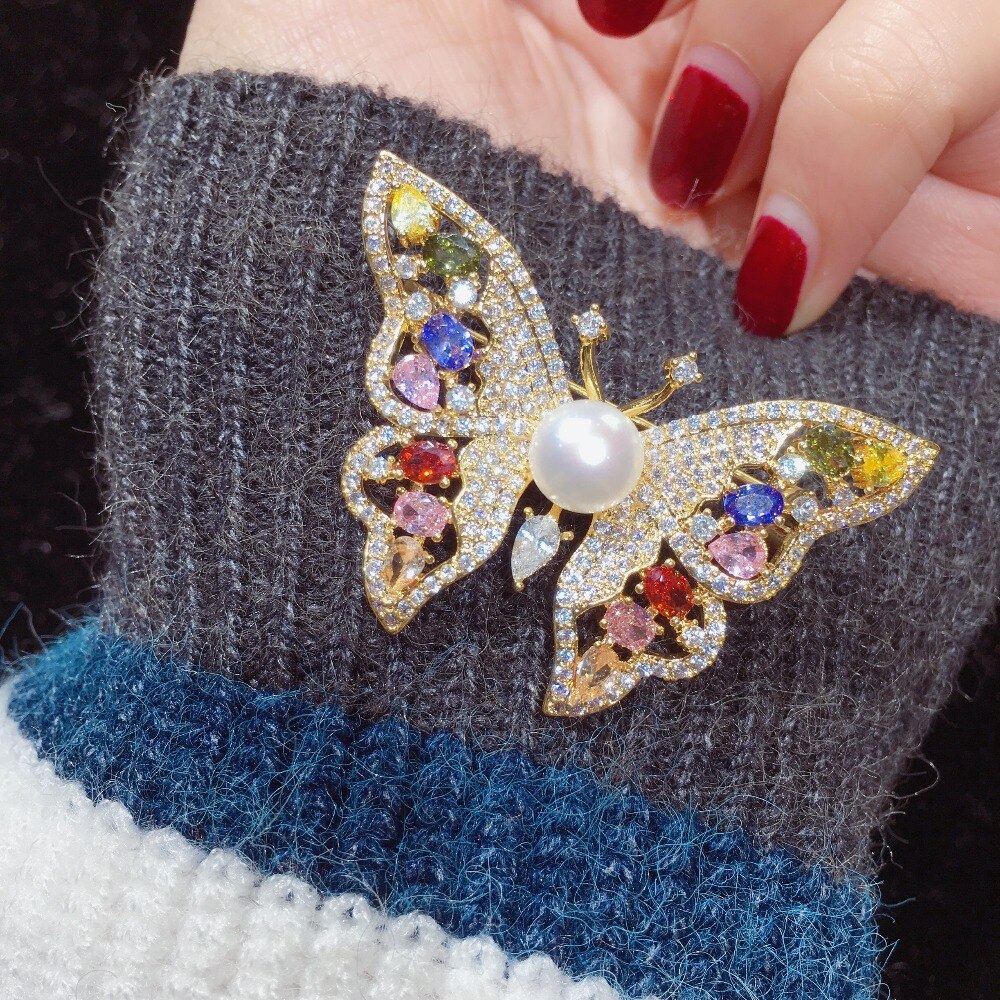 ZHBORUINI Feine Schmuck Natürliche Süßwasser Perle Brosche Jahrgang Schmetterling Brosche Stifte Perle Schmuck Frauen Dekoration