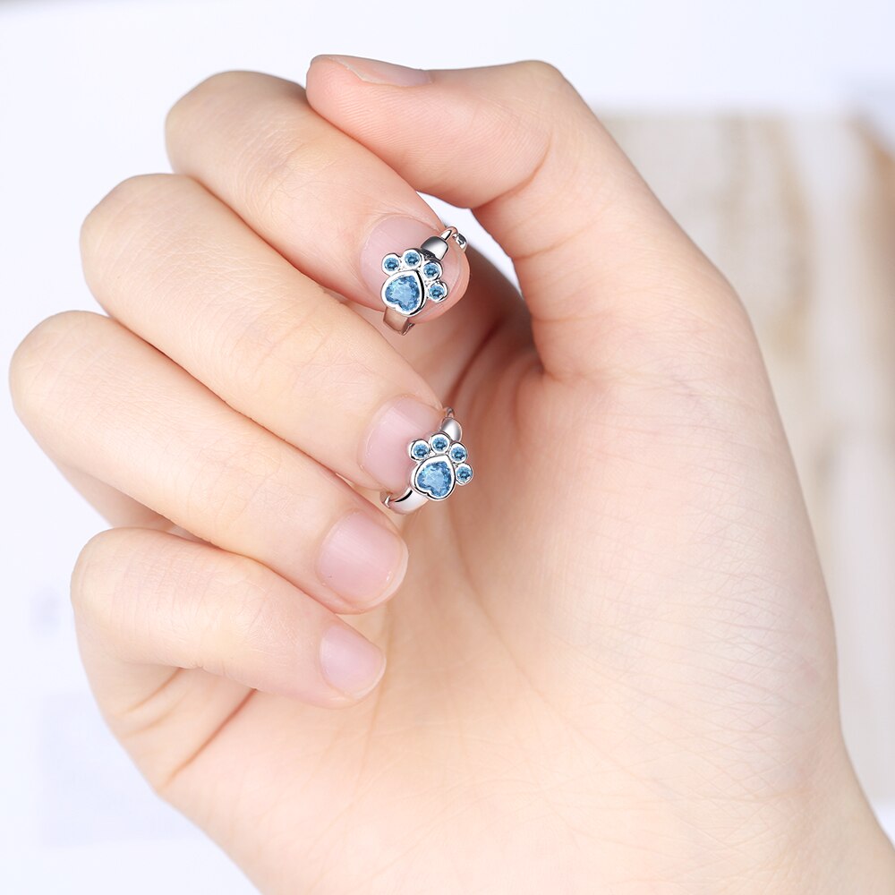 Cute Cat Paw Hoop Earrings Blue Cubic Zircon Earrings For Girls Minimalist Accessories S-E1078