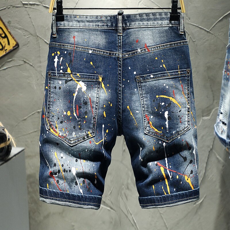 Short en jean déchiré peint pour hommes, Streetwear, Slim, trous, culotte extensible, été