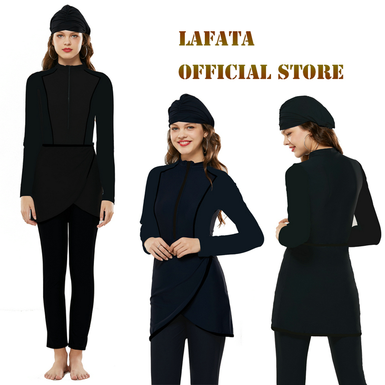 LaFata Color Muslim Swimwear Islamic Modest Swimming Suit Burkini Women Swimsuit with Hijab: Black / XL