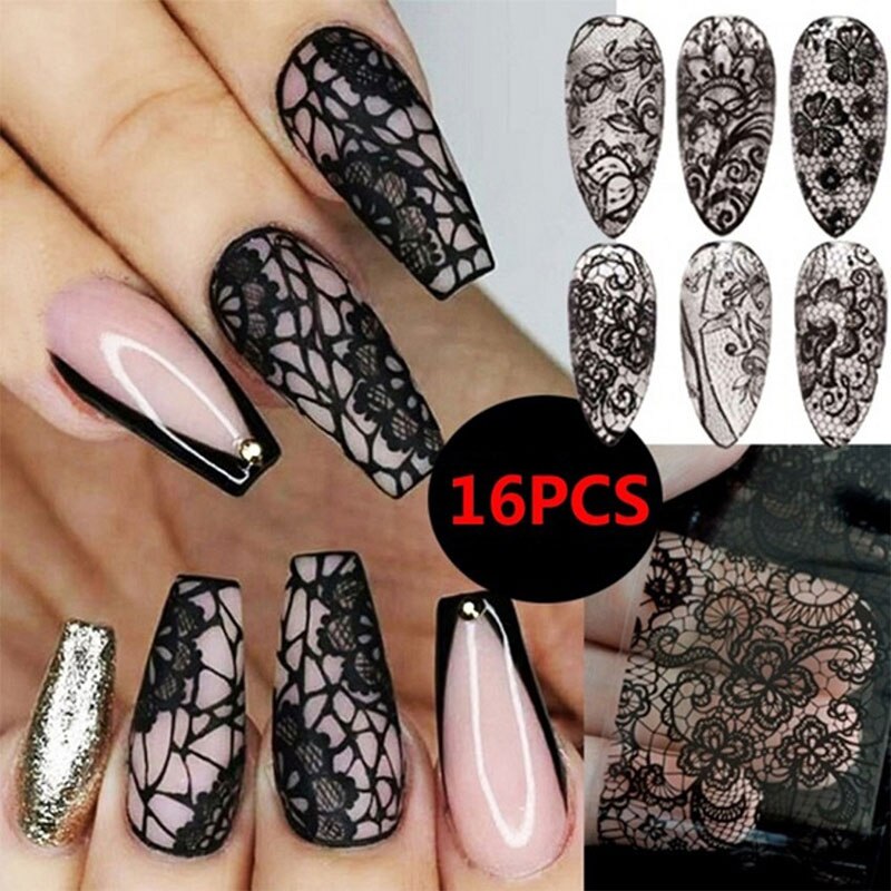 16 Vel Bloem Chic Lace Stickers Voor Nagels Zelfklevende 3D Nails Folies Transfer Adhesive Manicure Nail Decals Art decoratie