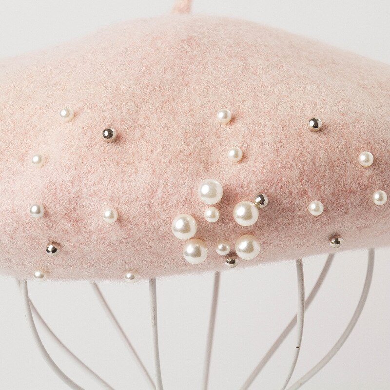 01912-HH0171 light pink wool pearl beautiful lady beret cap women leisure hat
