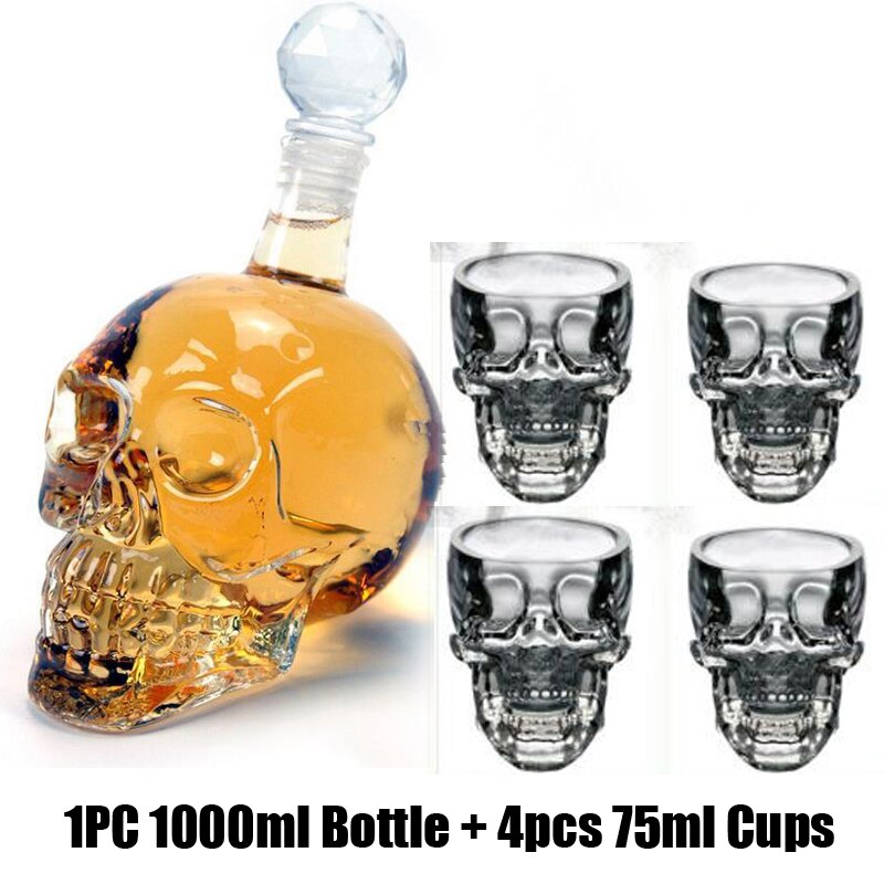 Skull Shot Glazen Beker Set Crystal Skull Decanter Glazen Fles Glas Mok Wijn Wodka Flessen Transparante Whisky Cocktail Bar: 1000mlbottle75mlcups