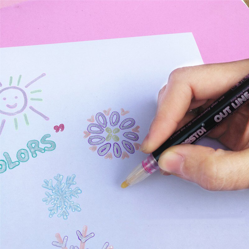 12Pcs set Outline Paint Marker Pen Double Line Magic Shimmer Paint Pens Metal Marker Glitter for Drawing Painting Doodling