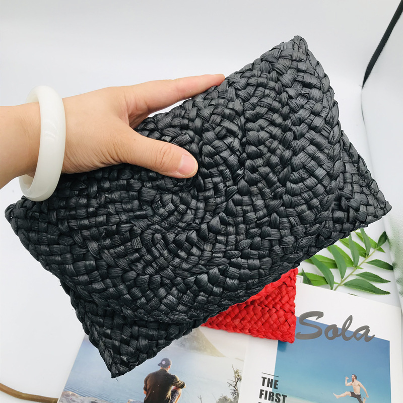 Corn Husk Weave Dinner Clutch Bag Women's Simple Solid Straw Large Purse Woman Summer Casual Vacation Ladies Wallet: GRAY
