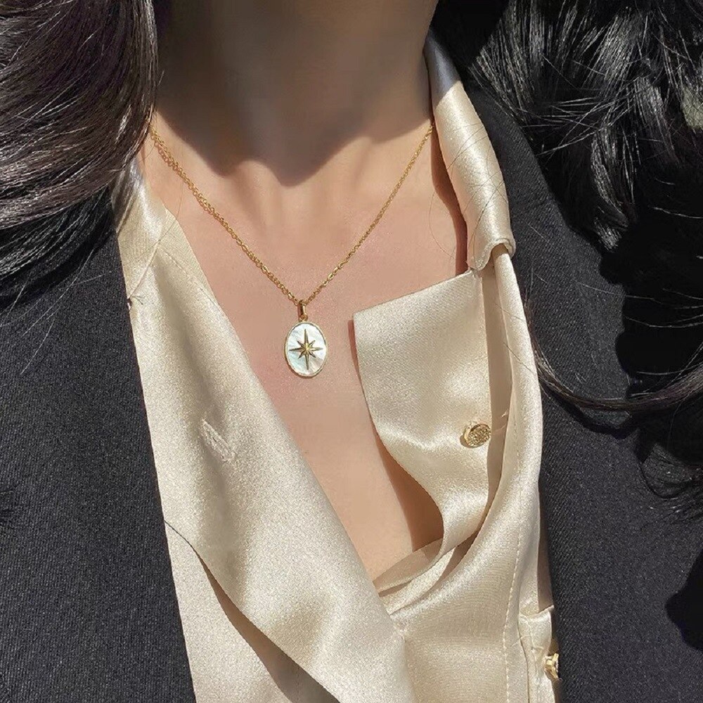 Natural Shell Star Necklace Mother of Pearl Oval Pendant Necklace for Women Minimalist Collars Stainless Steel Jewelry