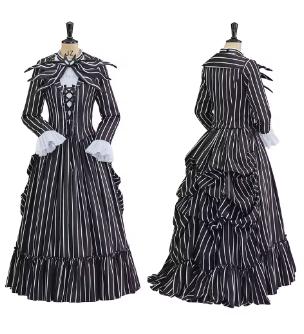Viktorianisches Edwardianisches Walking-Kostüm für Damen, Gothic, Steampunk, gestreift, Rokoko-Bustle-Kleid, Halloween, Skellington-Verkleidung, Ballkleid