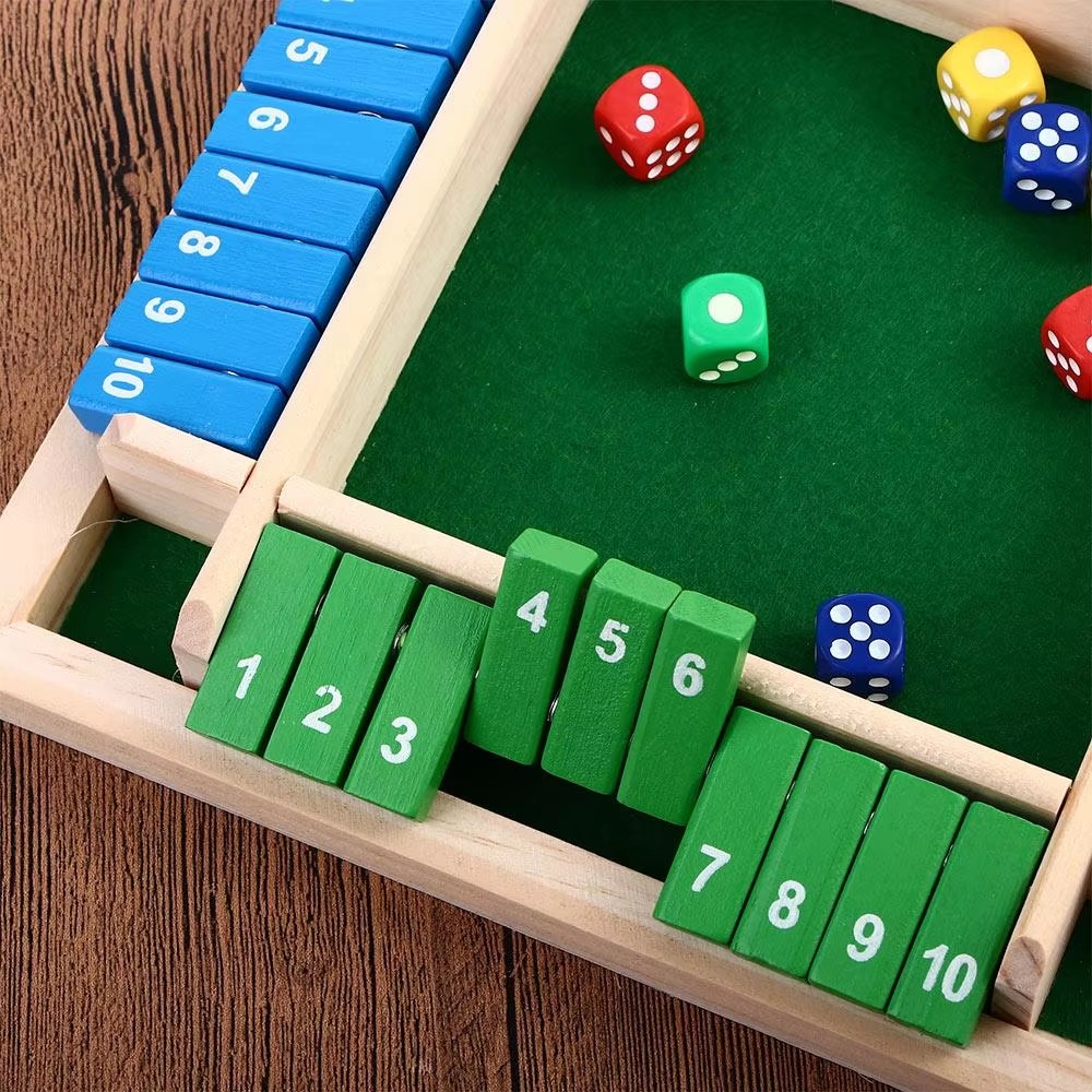 Shut The Box Craps Brettspiel mit Holzklappen für 4 Spieler, Pub-Bar-Partyzubehör, Familienunterhaltung für Kinder und Erwachsene