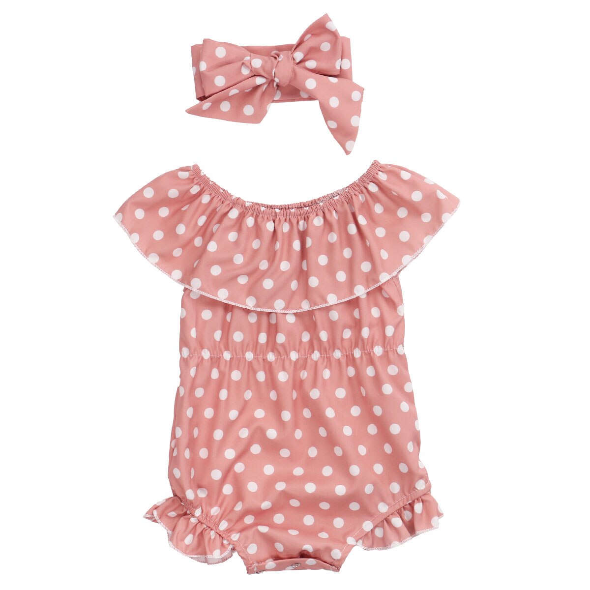 0-24m zomerse schattige babymeisjes-jongens-rompertjes met hoofdband, stippenprint, ruches, mouwen en jumpsuits: Roze / 6m