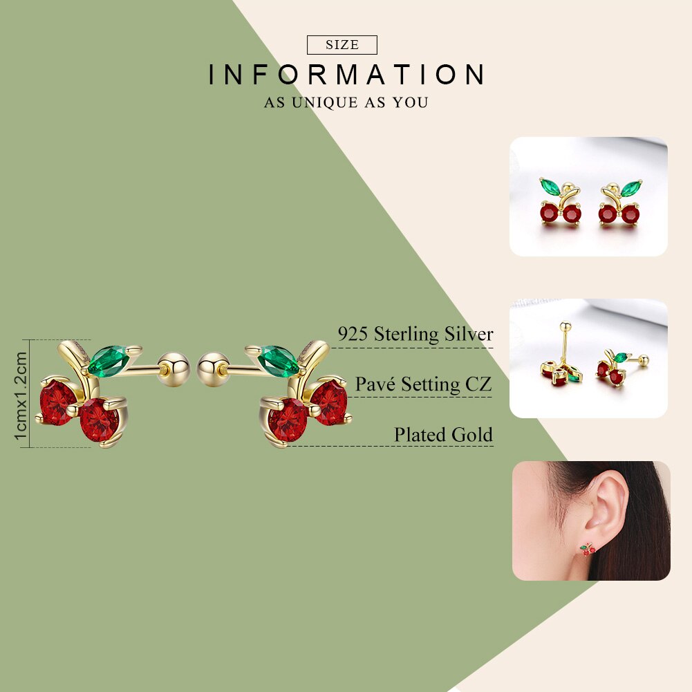 BAMOER 925 Sterling Silver Red Cherry Flower Exquisite Stud Earrings for Women Wedding Engagement Jewelry SCE543