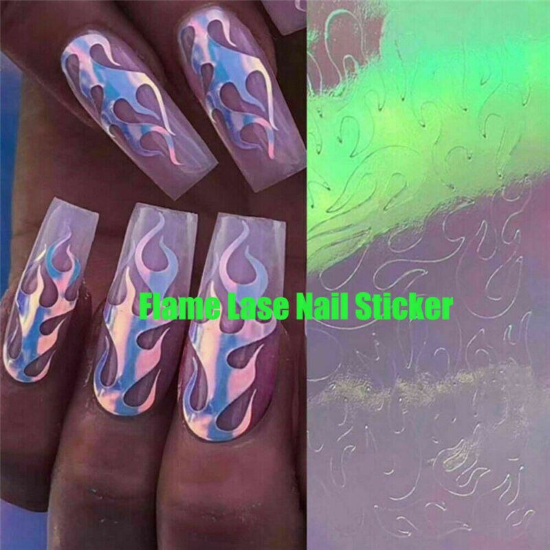 Flames Holographic Nail Decal Fire Burning Nail Art Self Adhesive Custom Decal