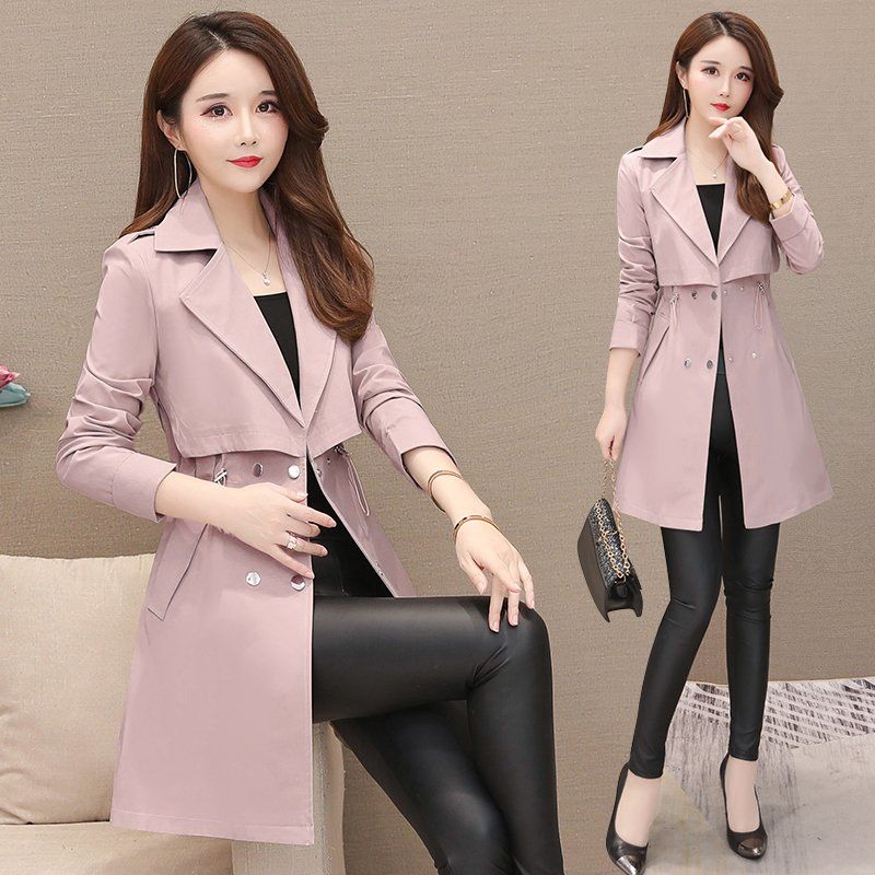 Mid-length Women's Trench Coat Suit Collar Korean Long Sleeve Drawstring Windbreaker Female Outwear Pink H131