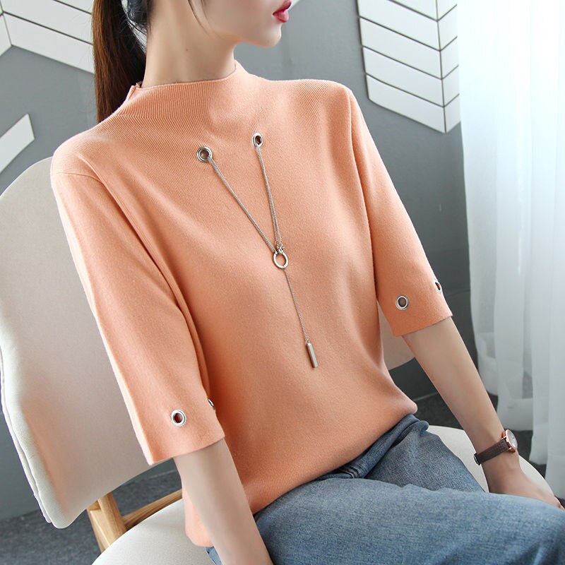Coltrui met middellange mouwen voor dames, gebreide trui met holle ketting, losse casual dames, herfst, vrouwelijk, patchwork