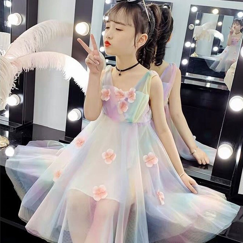 Vestito estivo da ragazza 2022 vestito con cinturino a fiori colorati moda bambino Chiffon principessa vestito da festa per ragazze abbigliamento per bambini bambini 12Y
