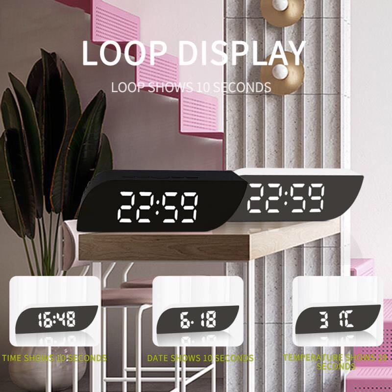 Digital Alarm Clock Portable Mirror HD LED Display With Time/Humidity/Temperature/Display Function USB Port Charging Battery Pow