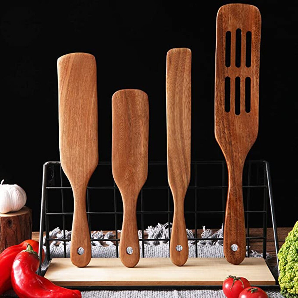 Non-Stick Wooden Cooking Utensils Slotted Spatula Sets Wooden Kitchen Utensil Set Turner Spatula Acacia Spurtle Kitchen Sets