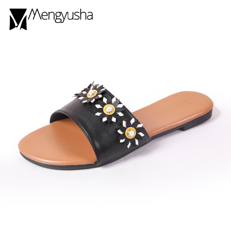 Parel Platte Sandalen Zon Bloem Kralen Slippers Vrouwen Open Teen Lederen Band Flip Flops Antislip Klinknagels Strand Sandalias mujer