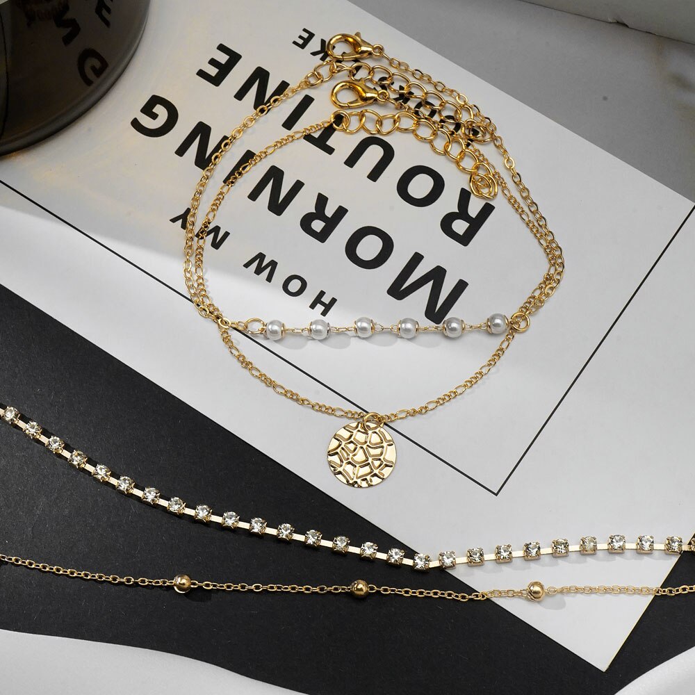EN Female Gold Color Round Pendant Anklets For Women Pearl Bead Chain Ankle Bracelets Girls Barefoot on Leg Chain Beach Jewelry