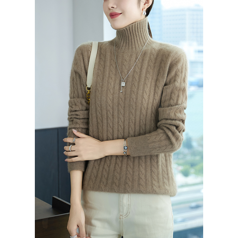 Camisa de fondo de lana pura 100% de Cuello medio alto para mujer, suéter de punto de lana acolchado suelto, otoño e invierno,